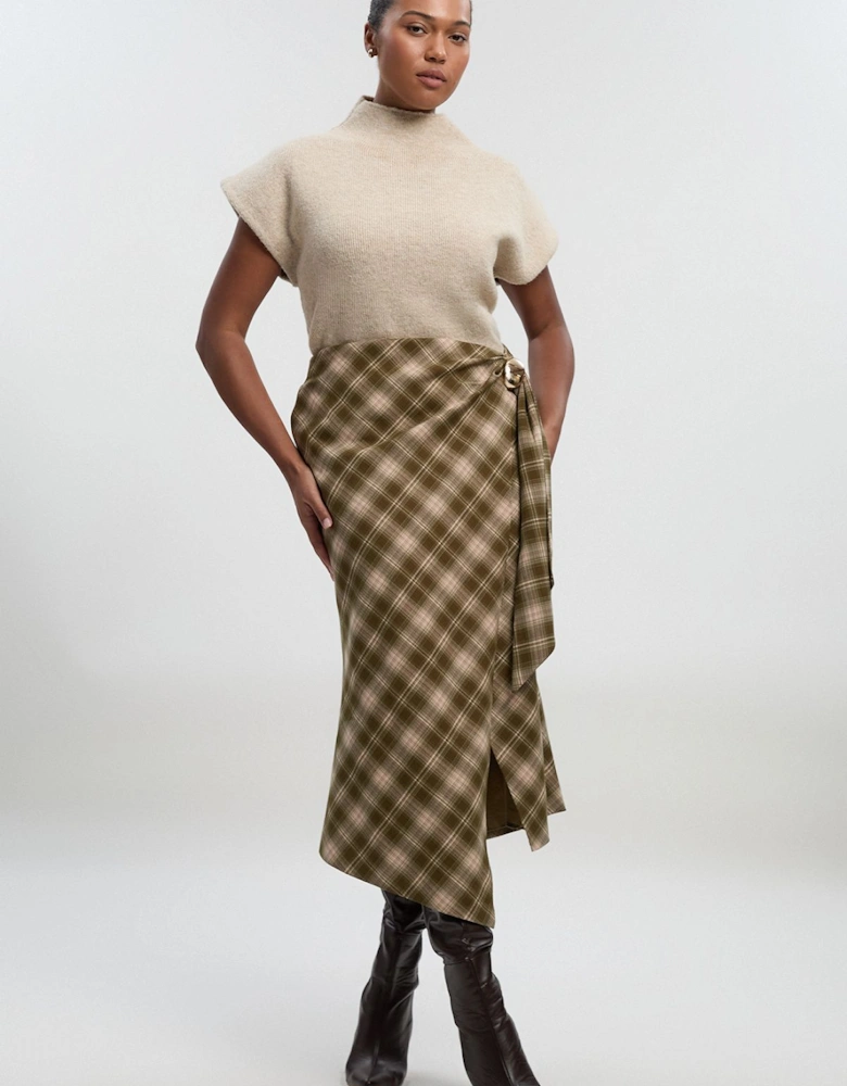 Plus Size Tailored Check Trim Detail Midi Skirt