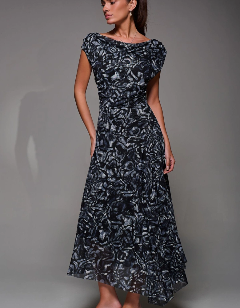 Mesh Asymmetrical Draped Maxi Dress