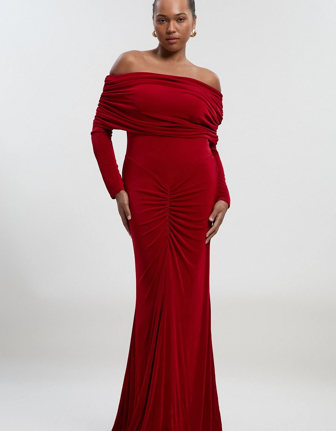 Plus Size Drapey Crepe Off The Shoulder Ruched Detail Fishtail Maxi Dress, 2 of 1