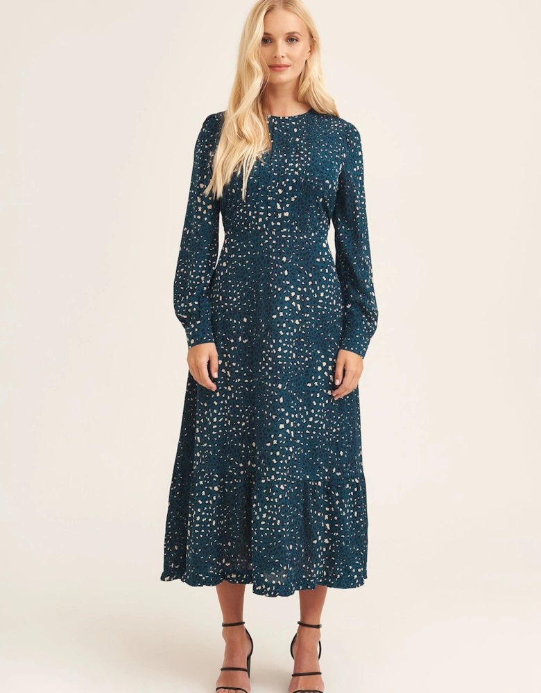 Green Animal Print Long Sleeve Midaxi Dress