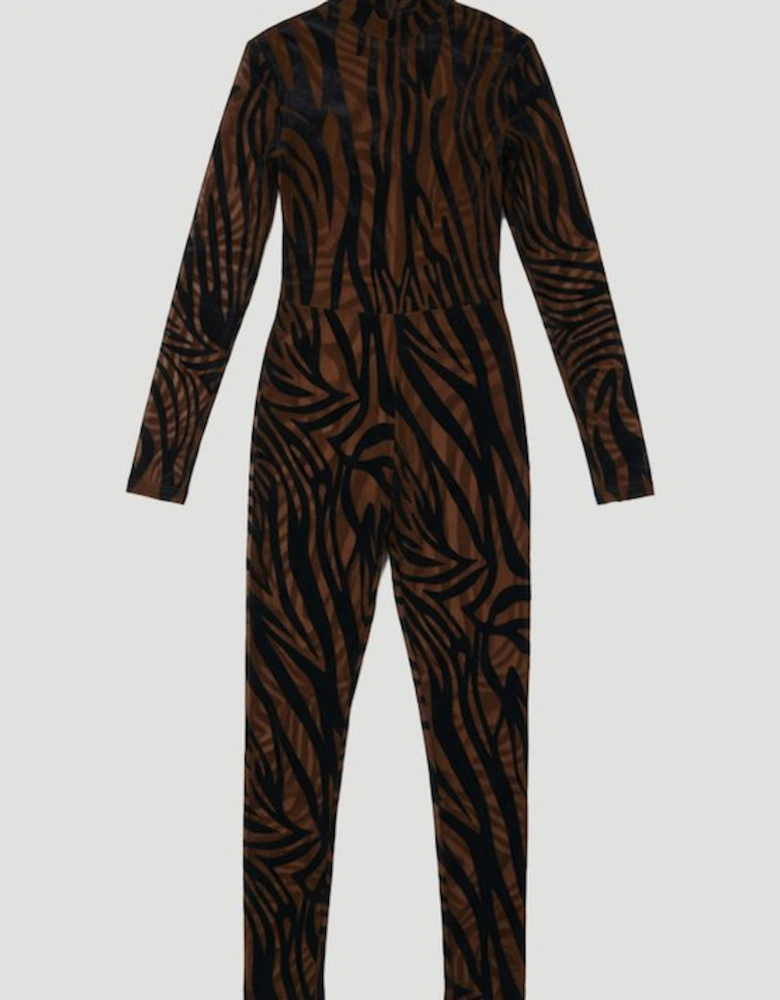 Animal Stretch Velvet Devore High Neck Catsuit