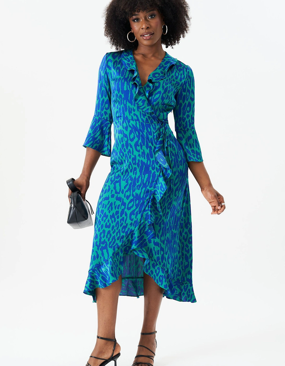 Green Animal Print Ruffle Wrap Dress, 2 of 1