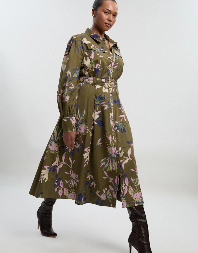 Plus Size Floral Print Cotton Sateen Woven Midi Shirt Dress