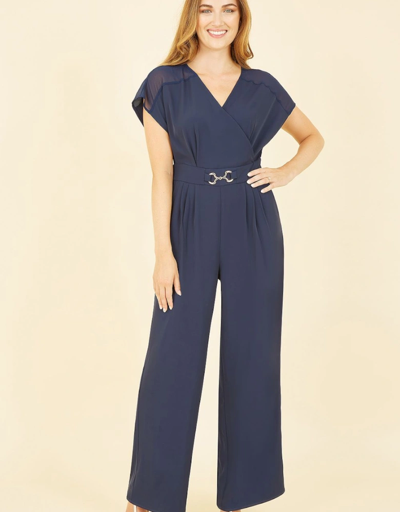 Navy Wrap Jumpsuit With Mesh Panel And Belt Detail