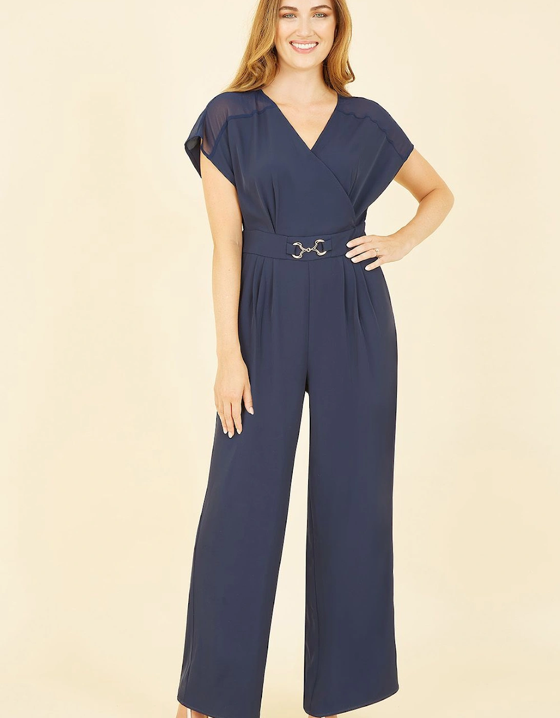 Navy Wrap Jumpsuit With Mesh Panel And Belt Detail, 2 of 1