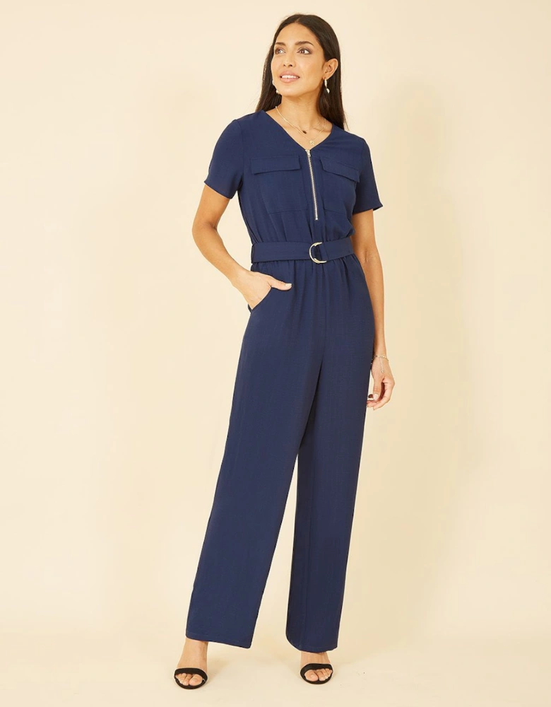 Navy Utility Jumpsuit With Zip And Belt Detail
