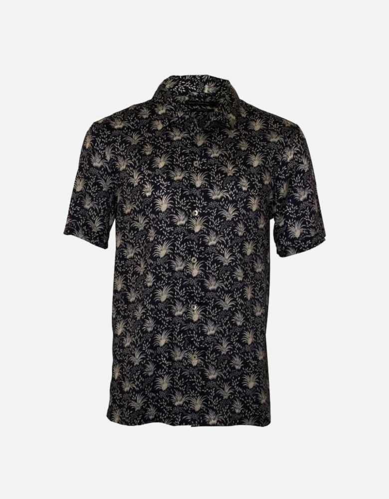 Palm Print Lyocell Short-Sleeve Shirt, Indigo