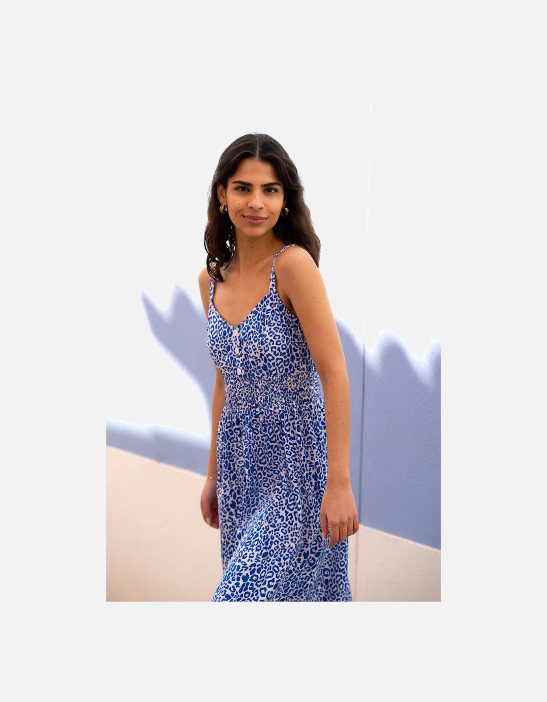 Blue Animal Print Midi Sundress With Ruched Waist, 2 of 1