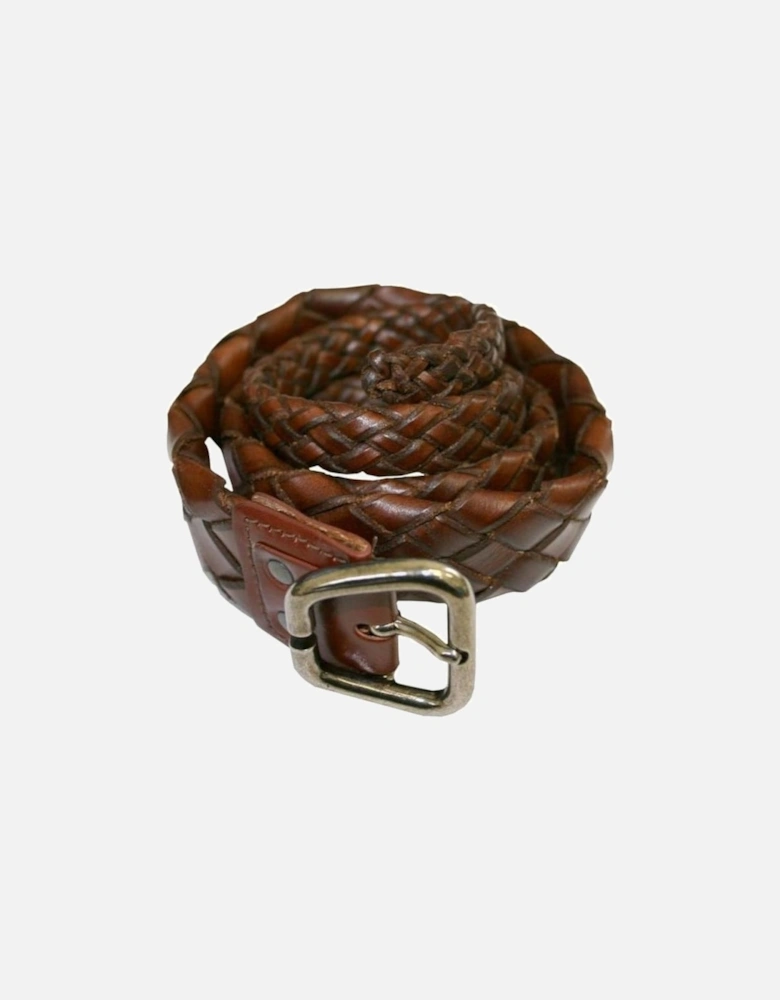 Narrow Tail Woven Leather Belt, Brown