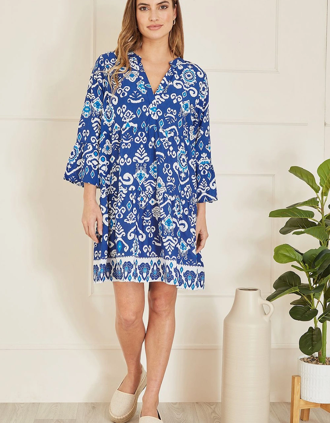 Blue Ikat Print 3/4 Sleeve Tunic Dress, 2 of 1