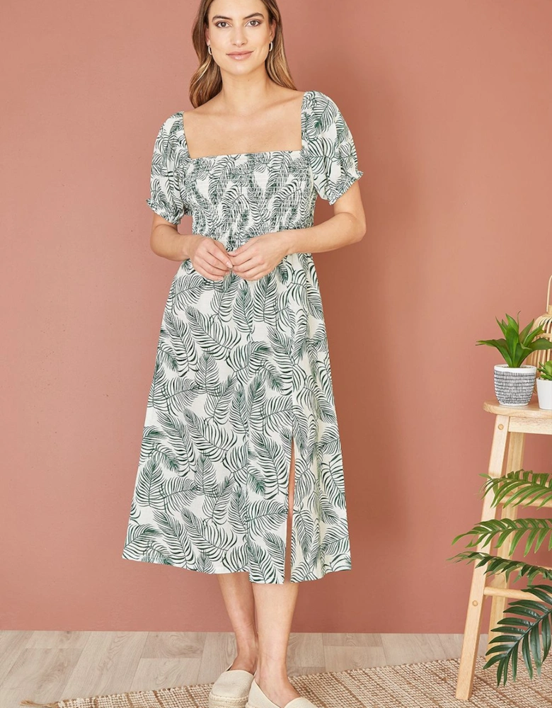 Green Organic Cotton Palm Print Midi Dress With Side Split