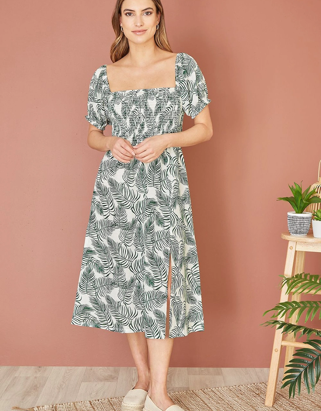 Green Organic Cotton Palm Print Midi Dress With Side Split, 2 of 1