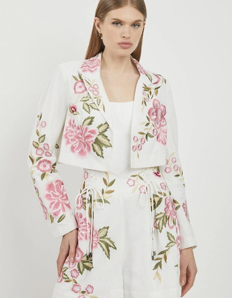 Linen Embroidery Woven Cropped Blazer