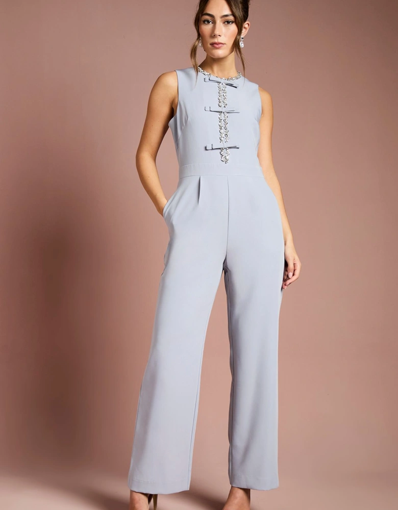 Sleeveless Diamante Bow Crepe Wide Leg Jumpsuit