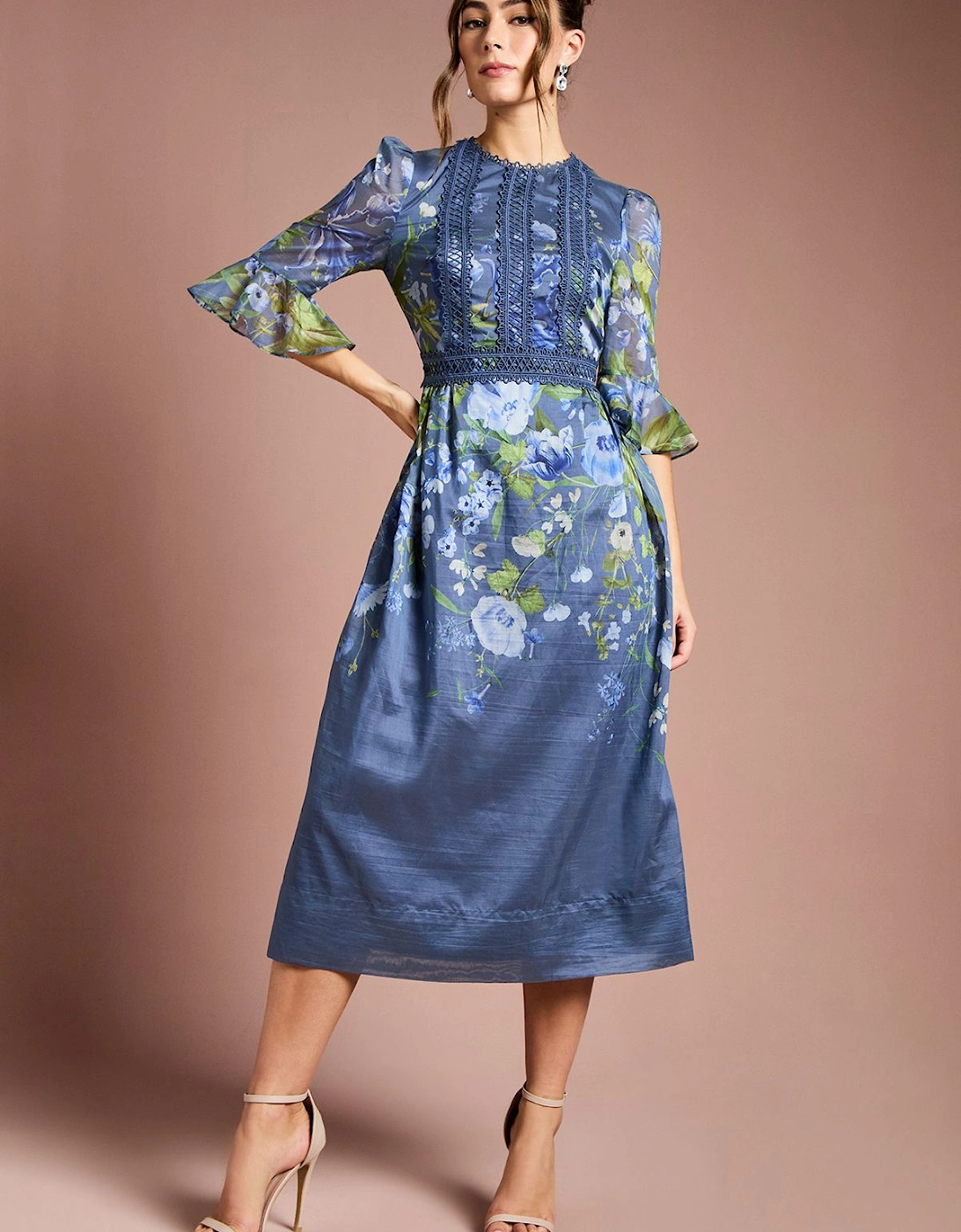 Placement Print 3/4 Sleeve Organza Midi Dress, 2 of 1