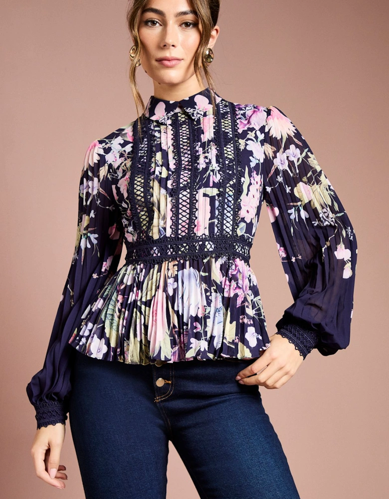 Printed Lace Trim Pleated Shirt