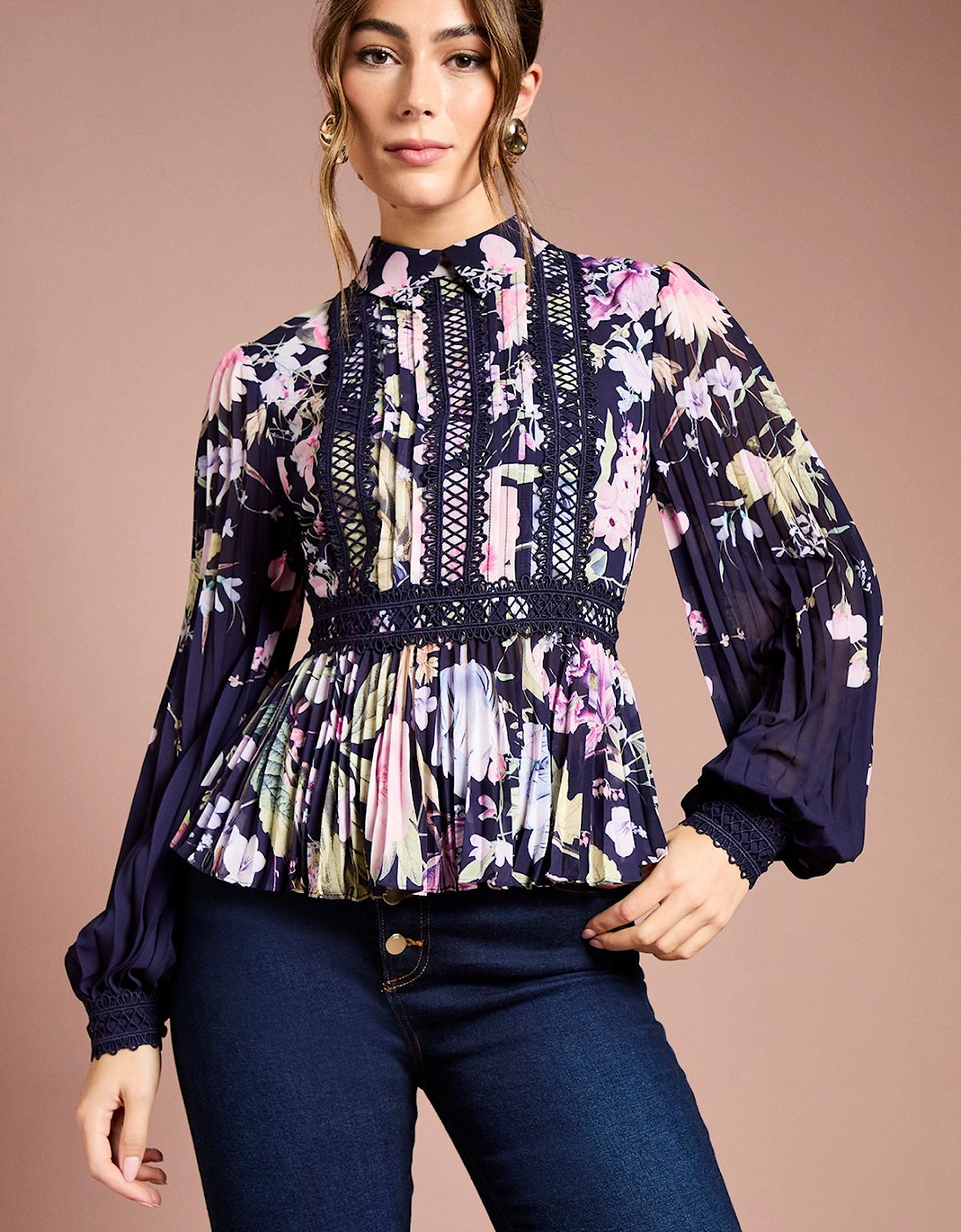 Printed Lace Trim Pleated Shirt, 2 of 1