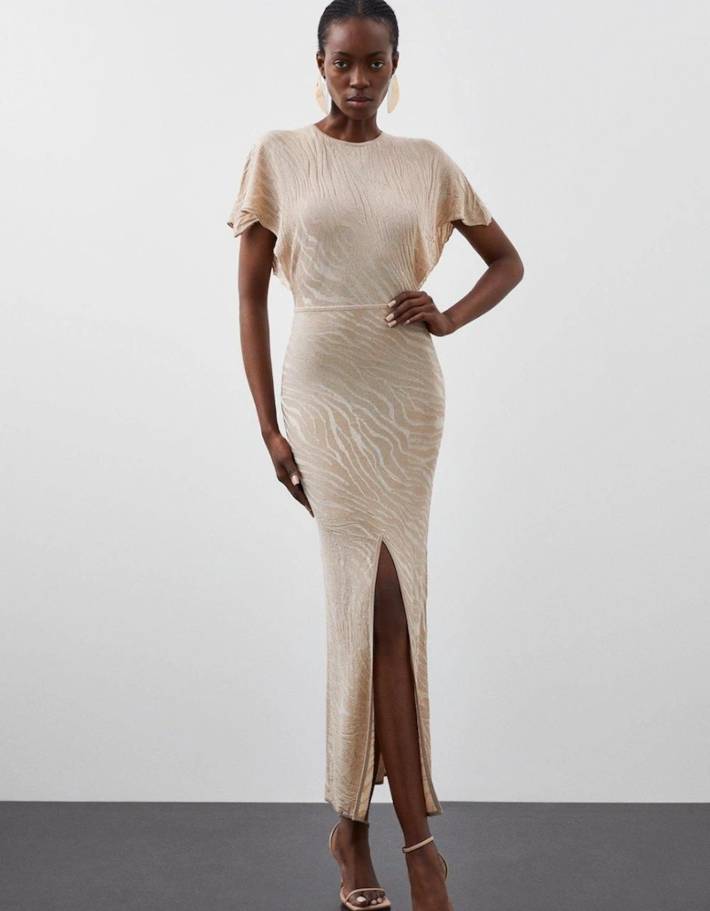 Slinky Viscose Jacquard Knit Angel Sleeve Maxi Dress