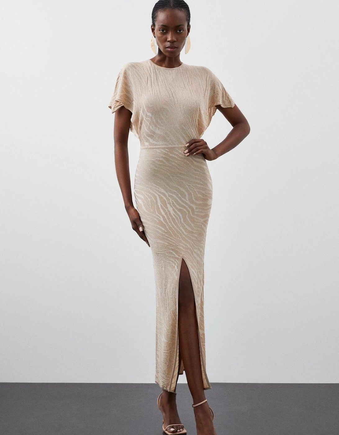 Slinky Viscose Jacquard Knit Angel Sleeve Maxi Dress, 2 of 1
