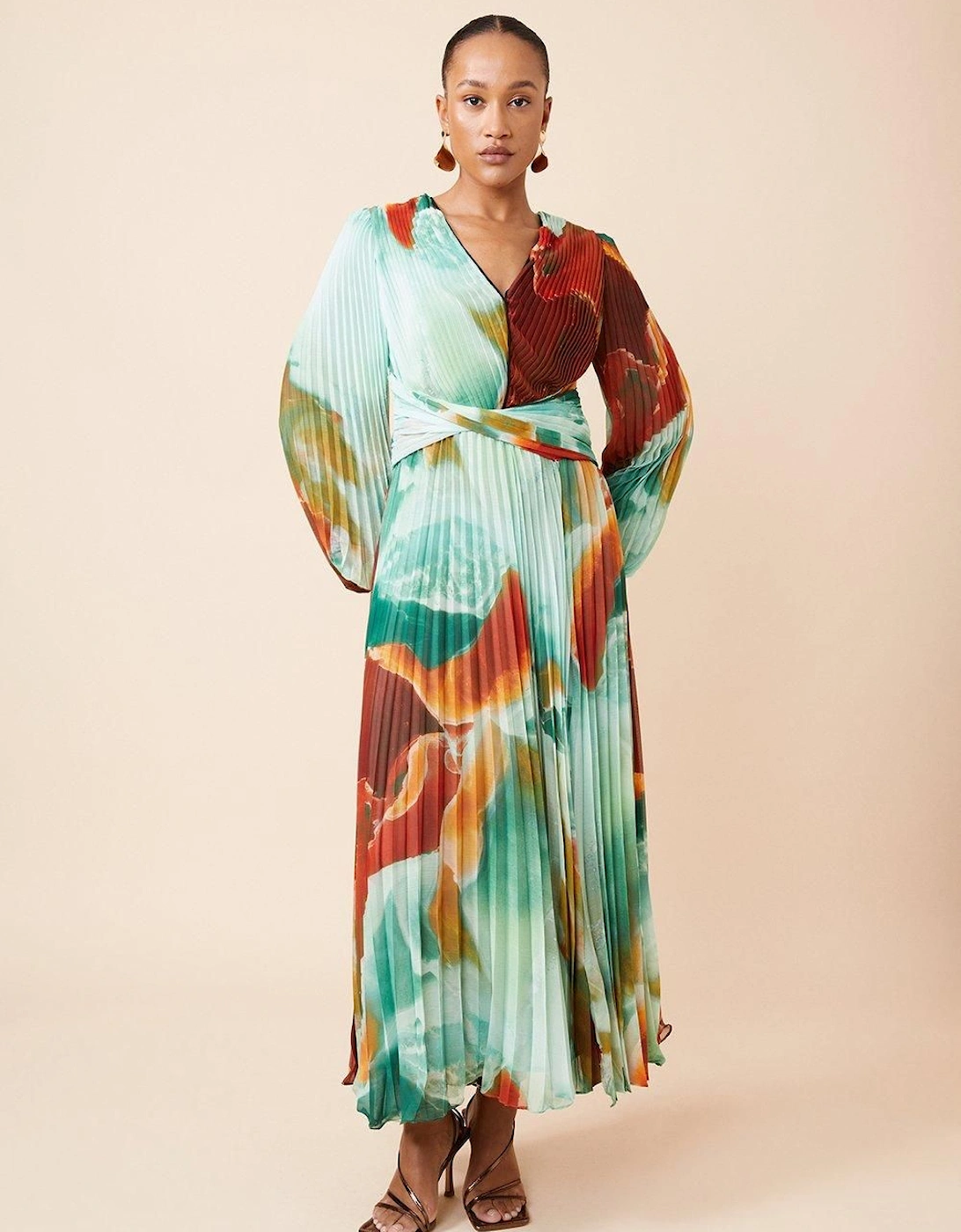 Abstract Printed Soft Pleated Woven Maxi Dress, 2 of 1