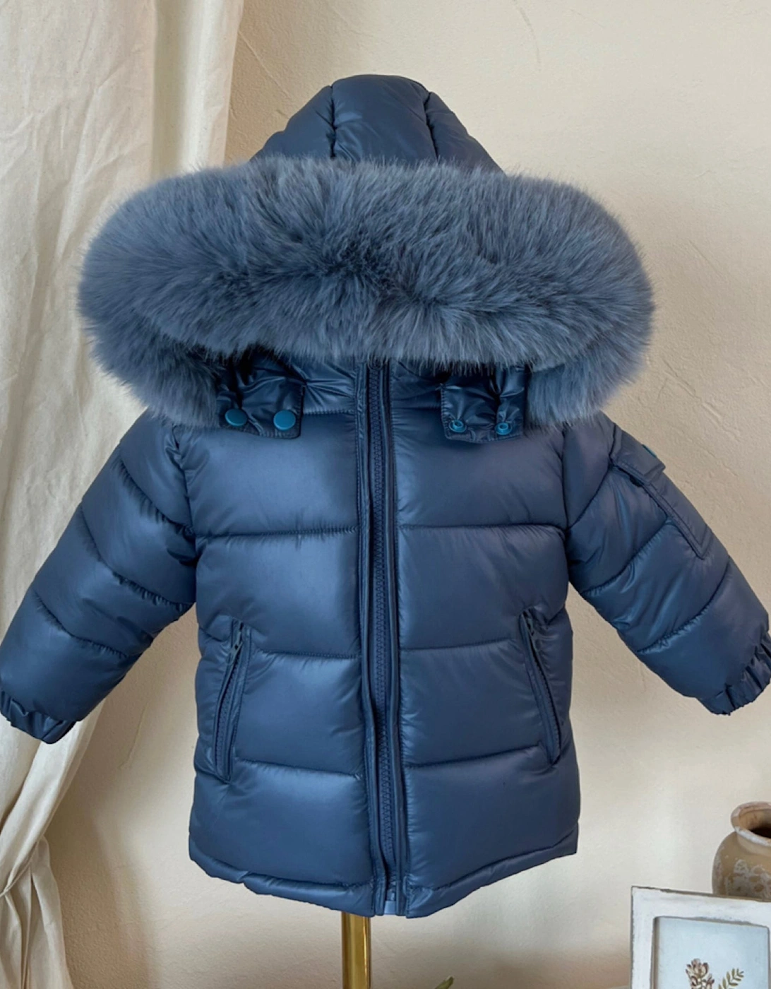 Boys Navy Blue Faux Fur Puffer Coat, 4 of 3