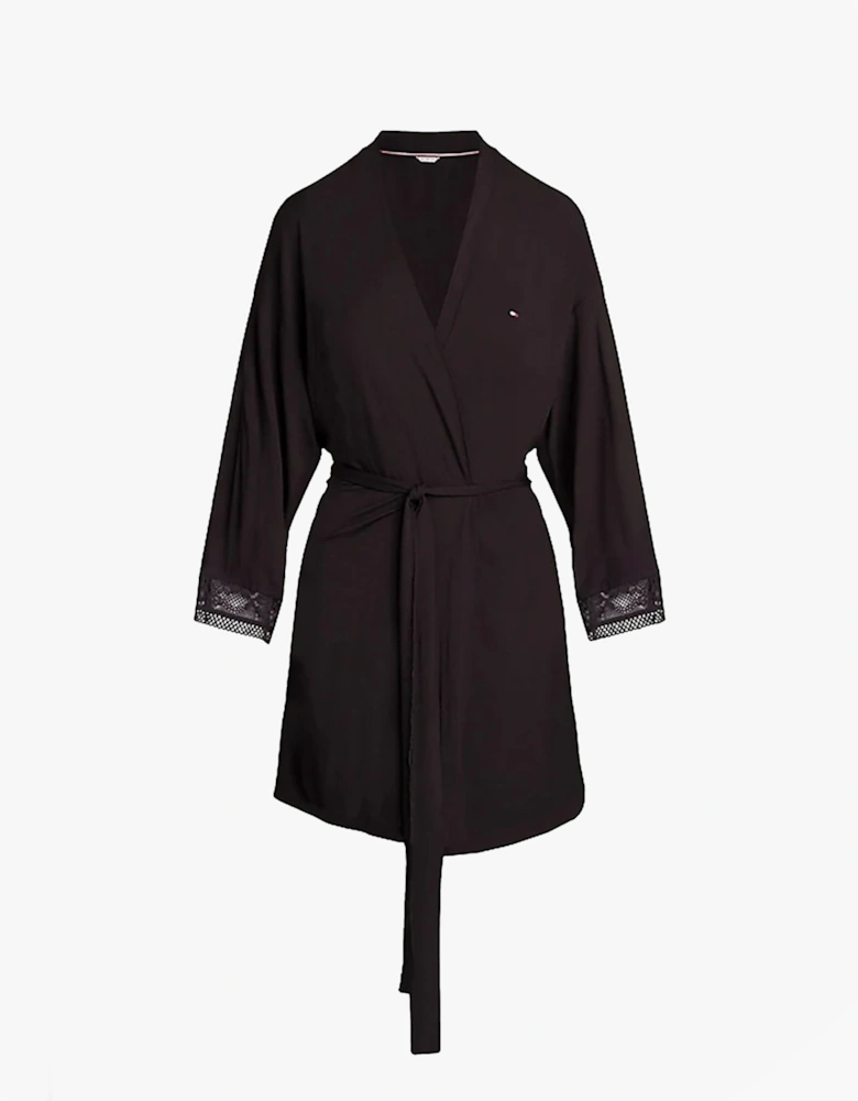 COMFORT Womens Modal Lace-Trim Kimono Robe Black