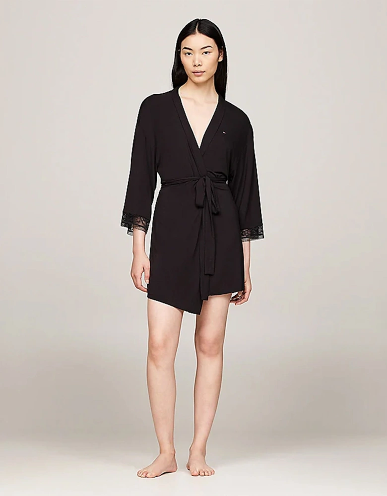 COMFORT Womens Modal Lace-Trim Kimono Robe Black