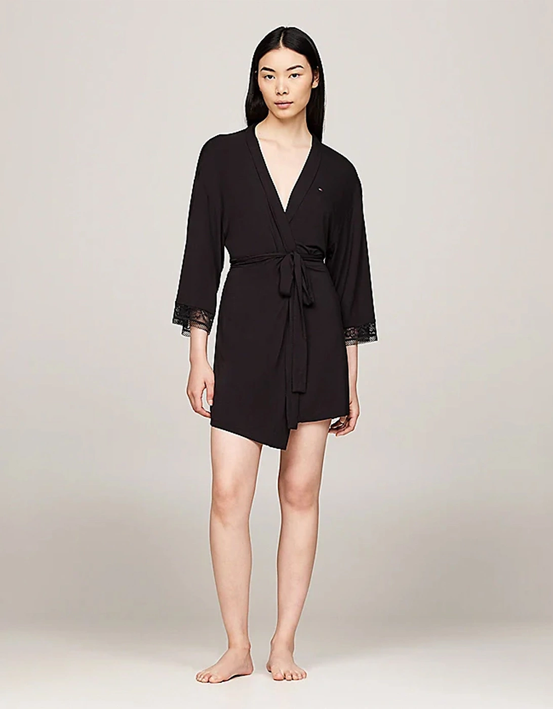 COMFORT Womens Modal Lace-Trim Kimono Robe Black