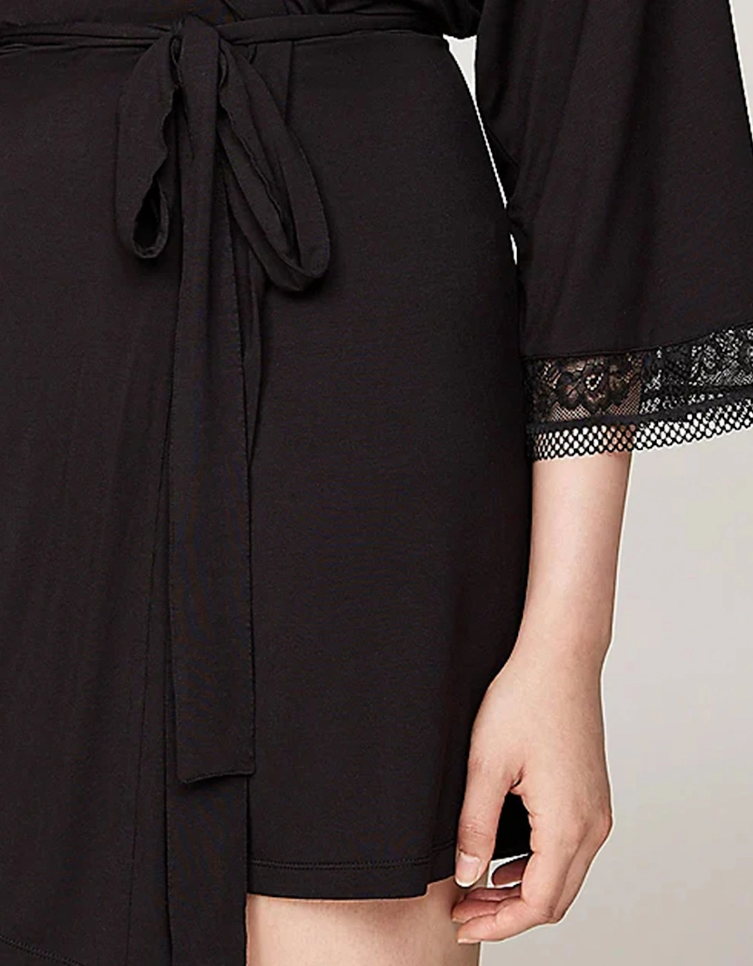 COMFORT Womens Modal Lace-Trim Kimono Robe Black