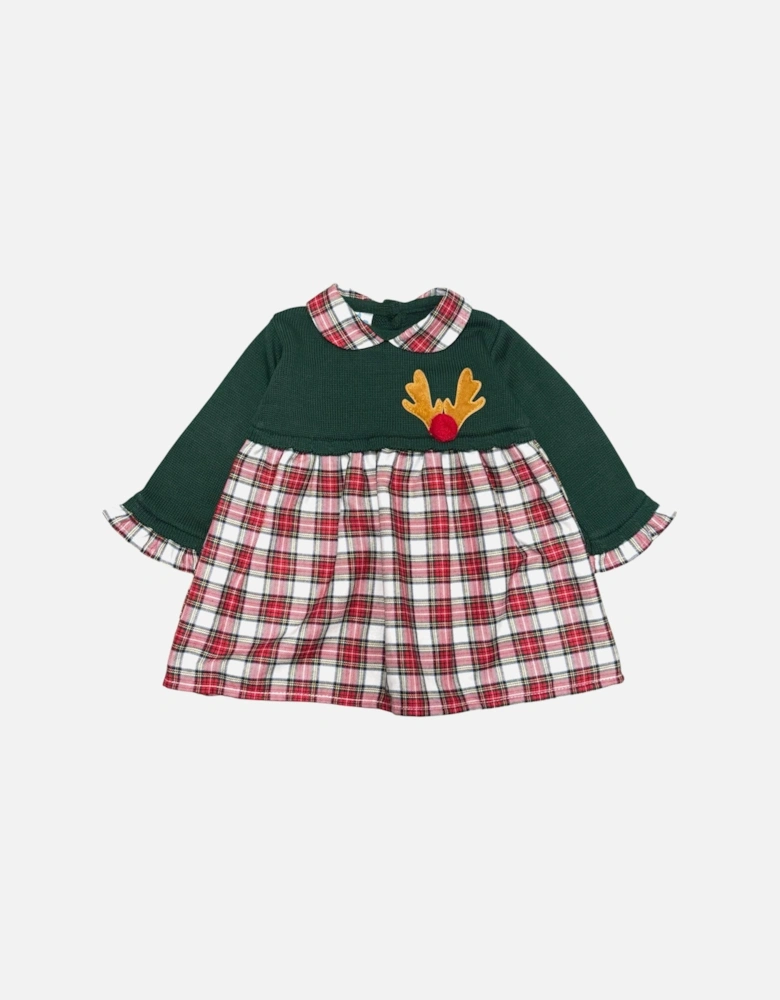 Girls Green Knit Tartan Dress