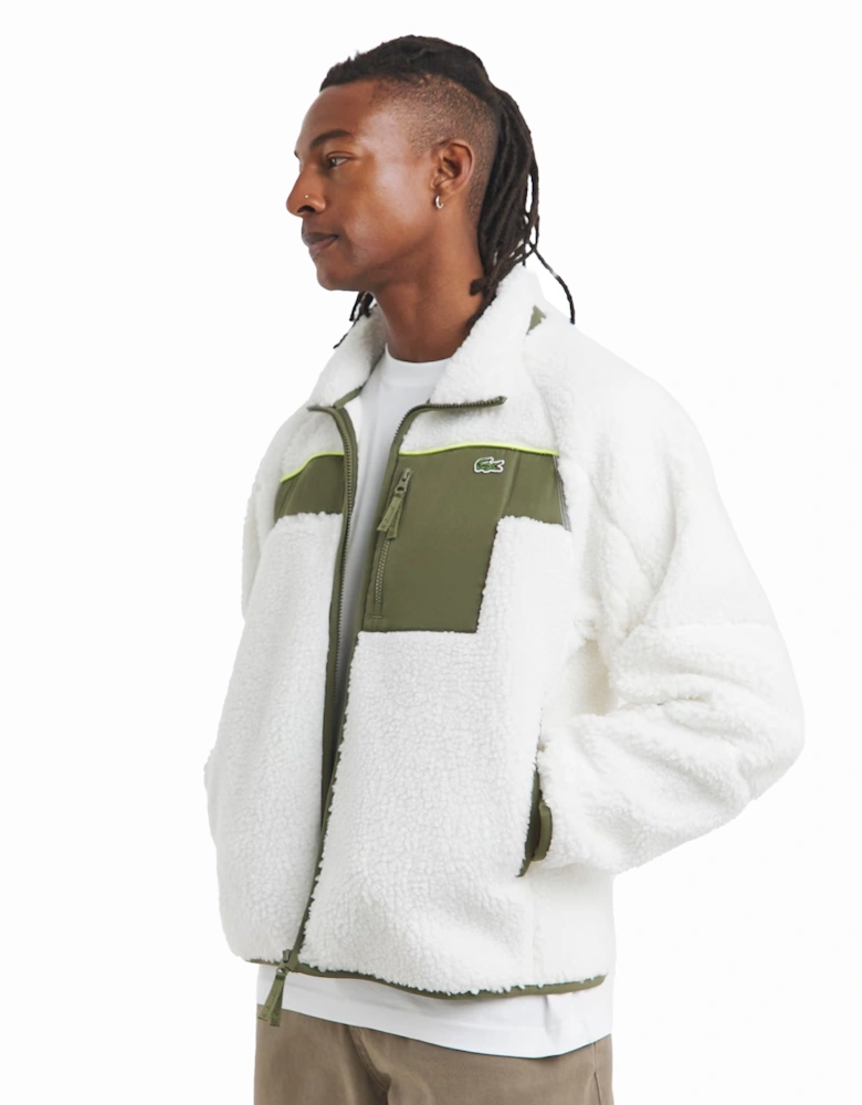 Colour Block Sherpa Fleece Jacket White/Khaki