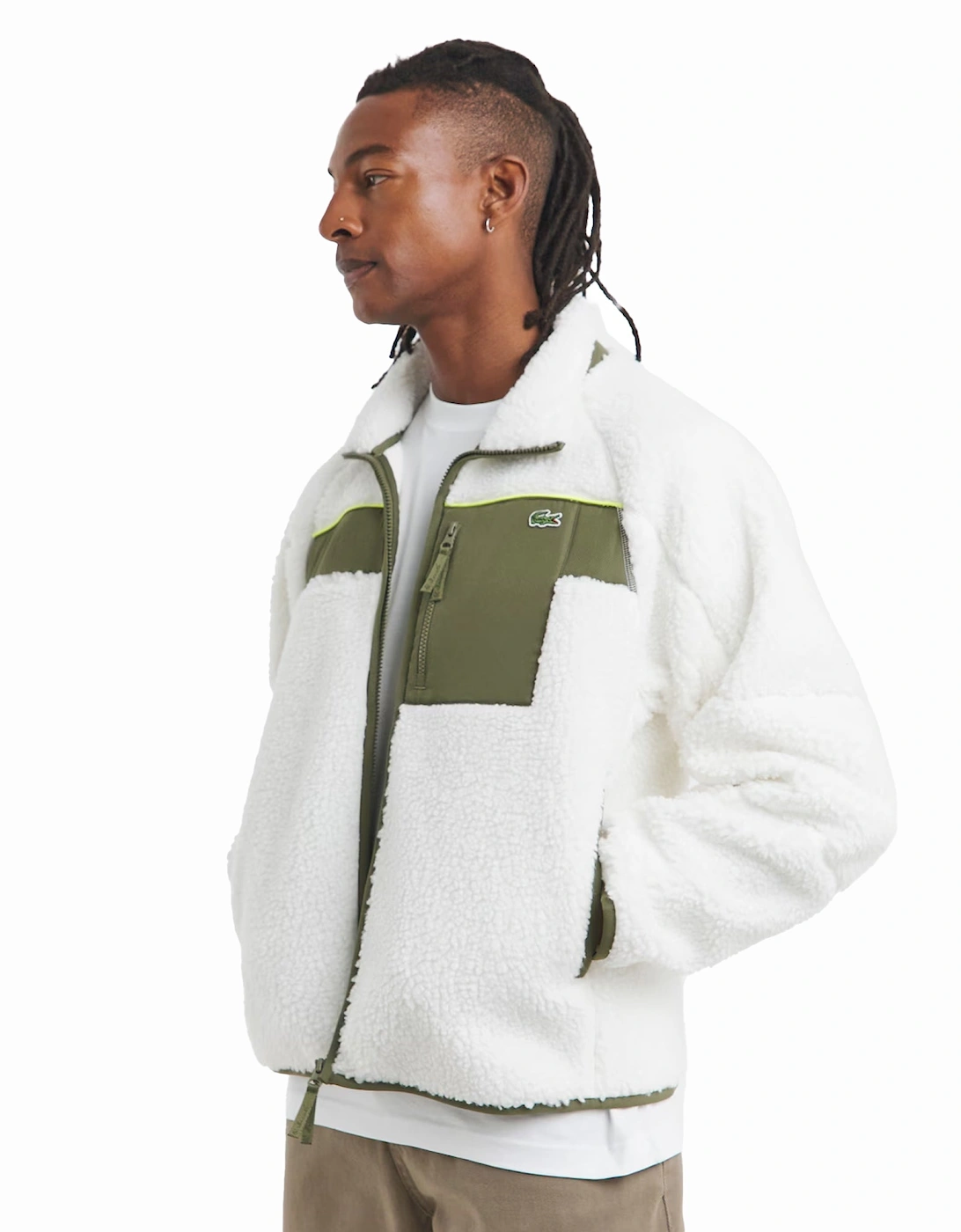 Colour Block Sherpa Fleece Jacket White/Khaki