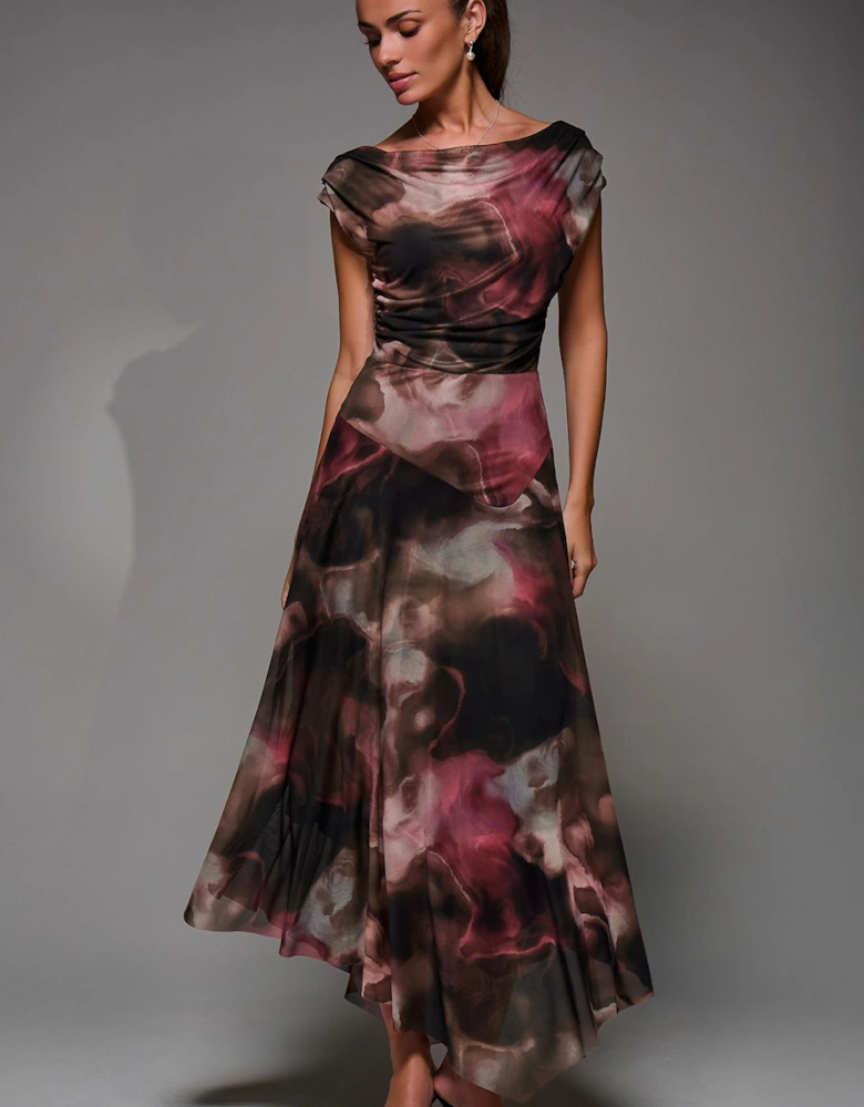 Mesh Asymmetrical Draped Maxi Dress