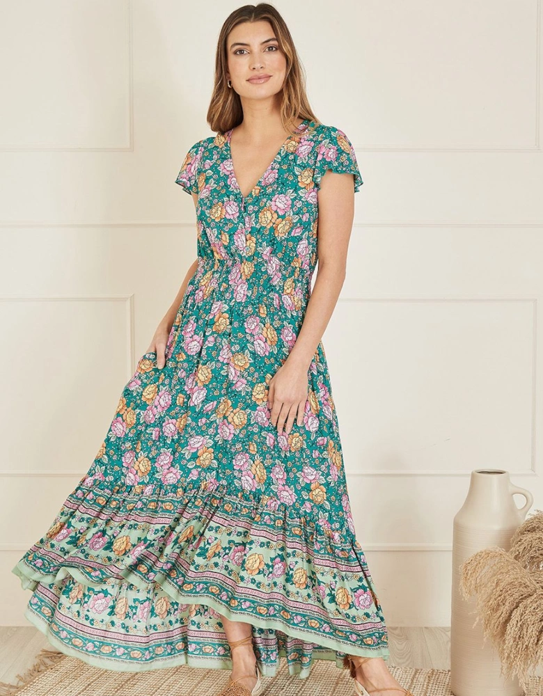 Green Festival Floral Print Ruched Waist Maxi Dress