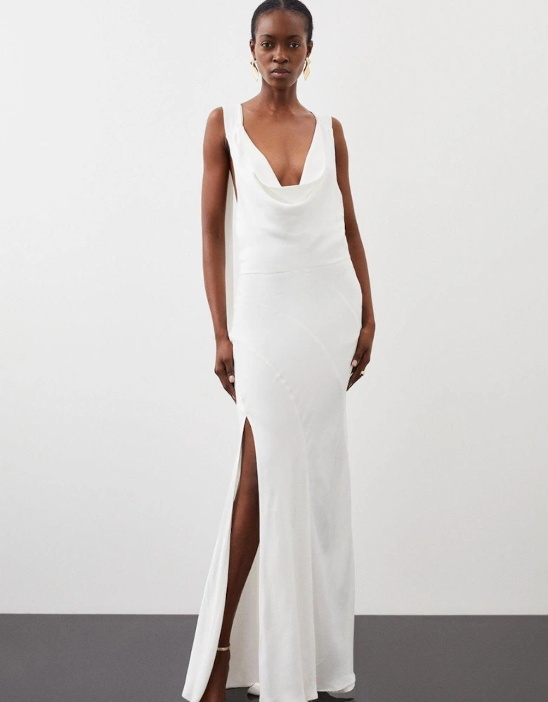Satin Crepe Mix Cowl Neck Maxi Dress