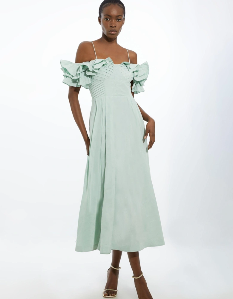 Strappy Off The Shoulder Taffeta Ruffle Woven Prom Dress