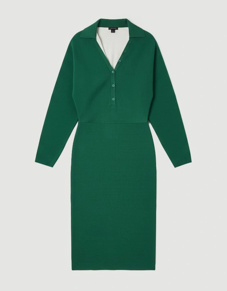 Viscose Blend Slinky Batwing Button Neck Knit Midi Dress