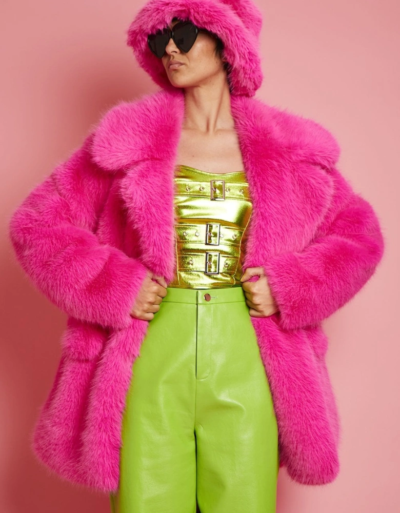 Faux Fur Fuchsia Pink Midi Coat