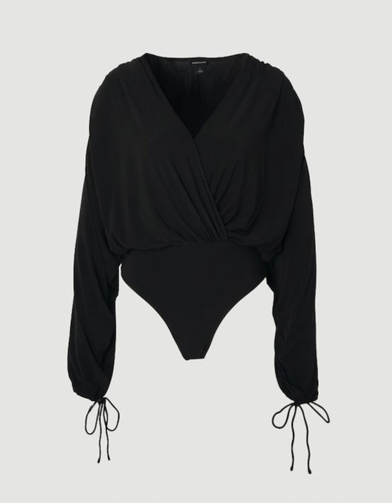 Stretch Drapey Crepe Ruched Plunge Neck Batwing Sleeve Bodysuit