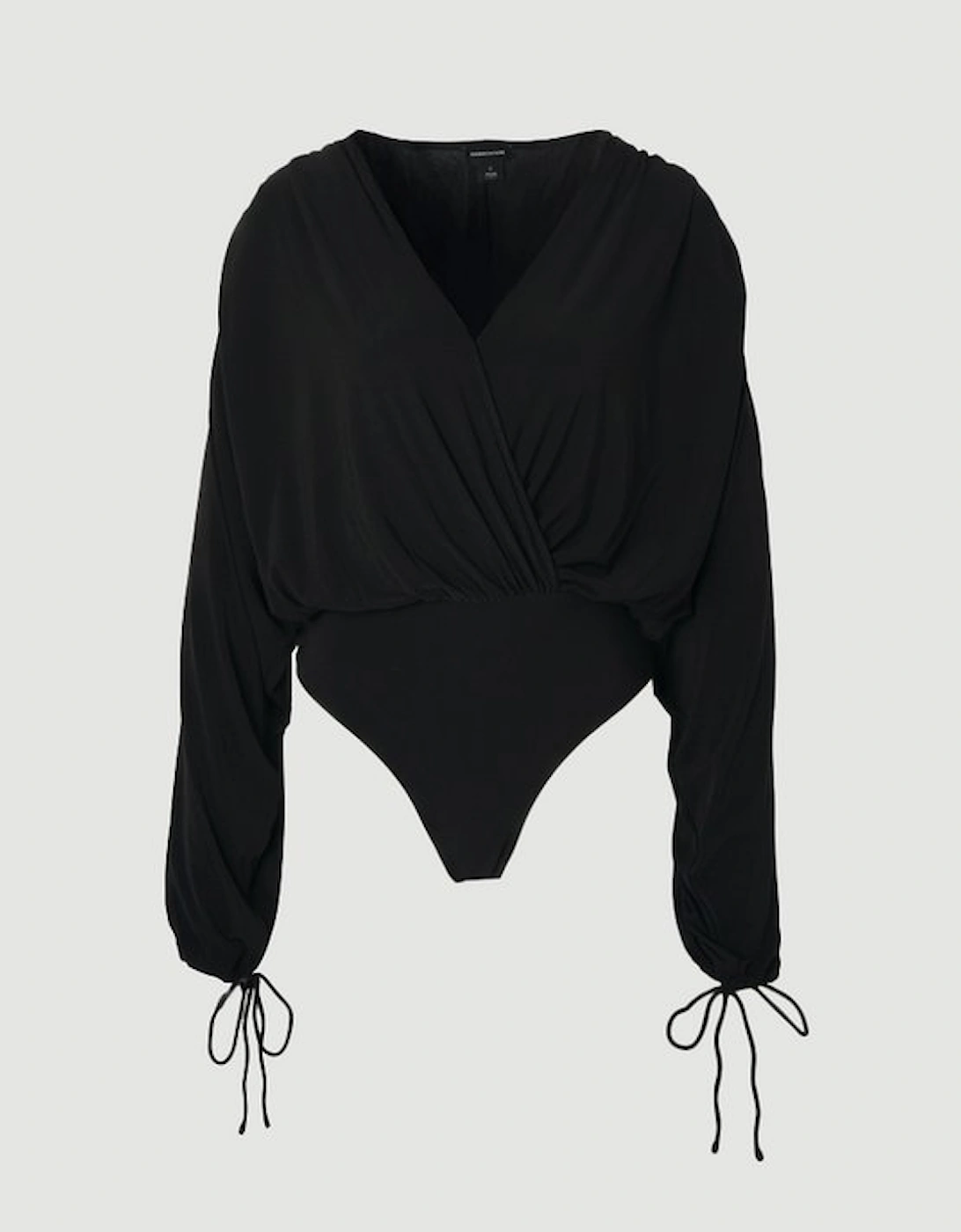 Stretch Drapey Crepe Ruched Plunge Neck Batwing Sleeve Bodysuit