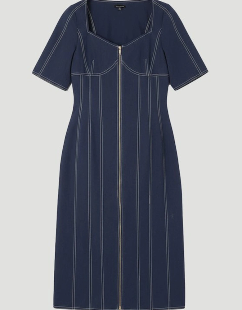Tencel Cotton Contrast Stitch Zip Front Woven Midi Dress