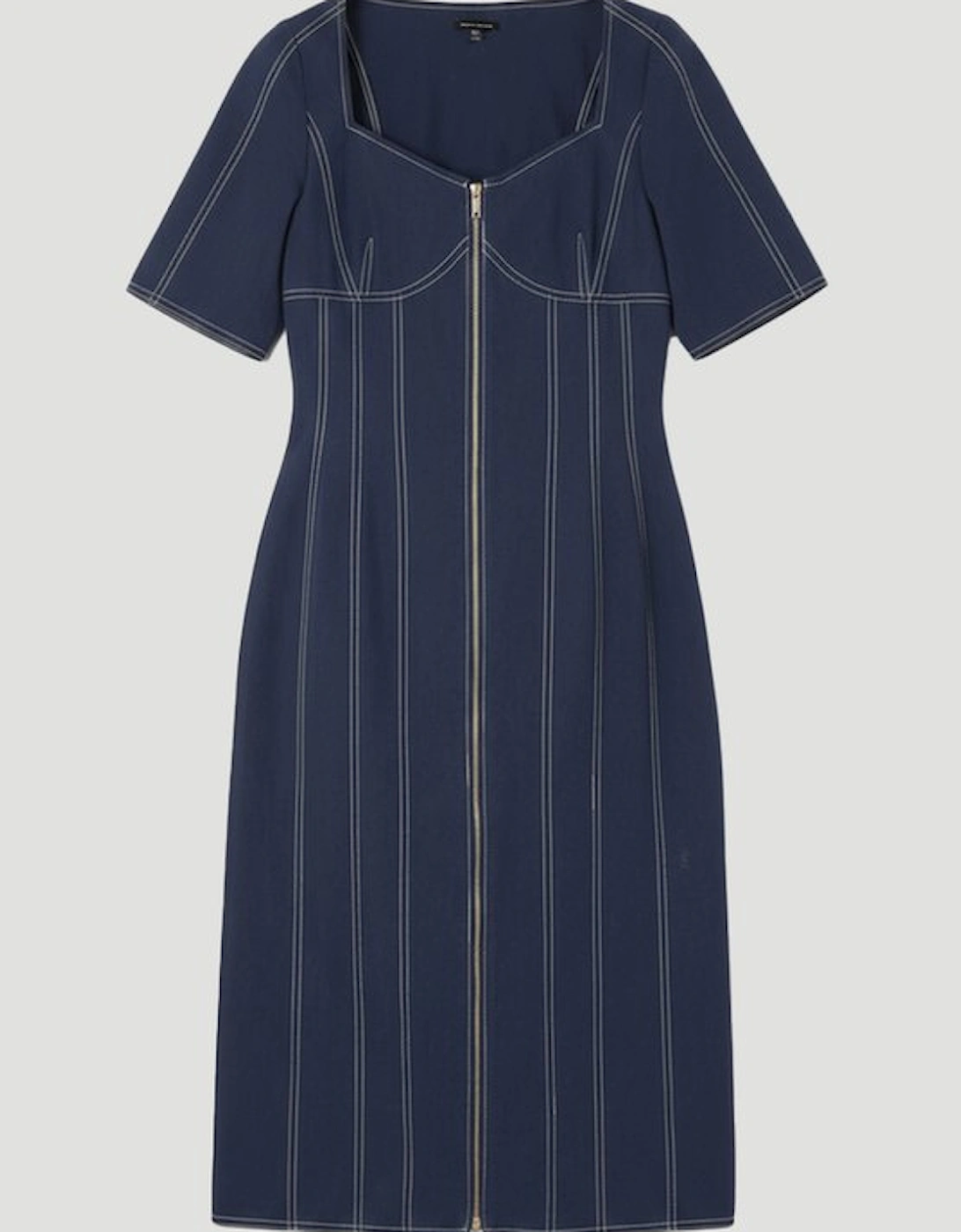 Tencel Cotton Contrast Stitch Zip Front Woven Midi Dress