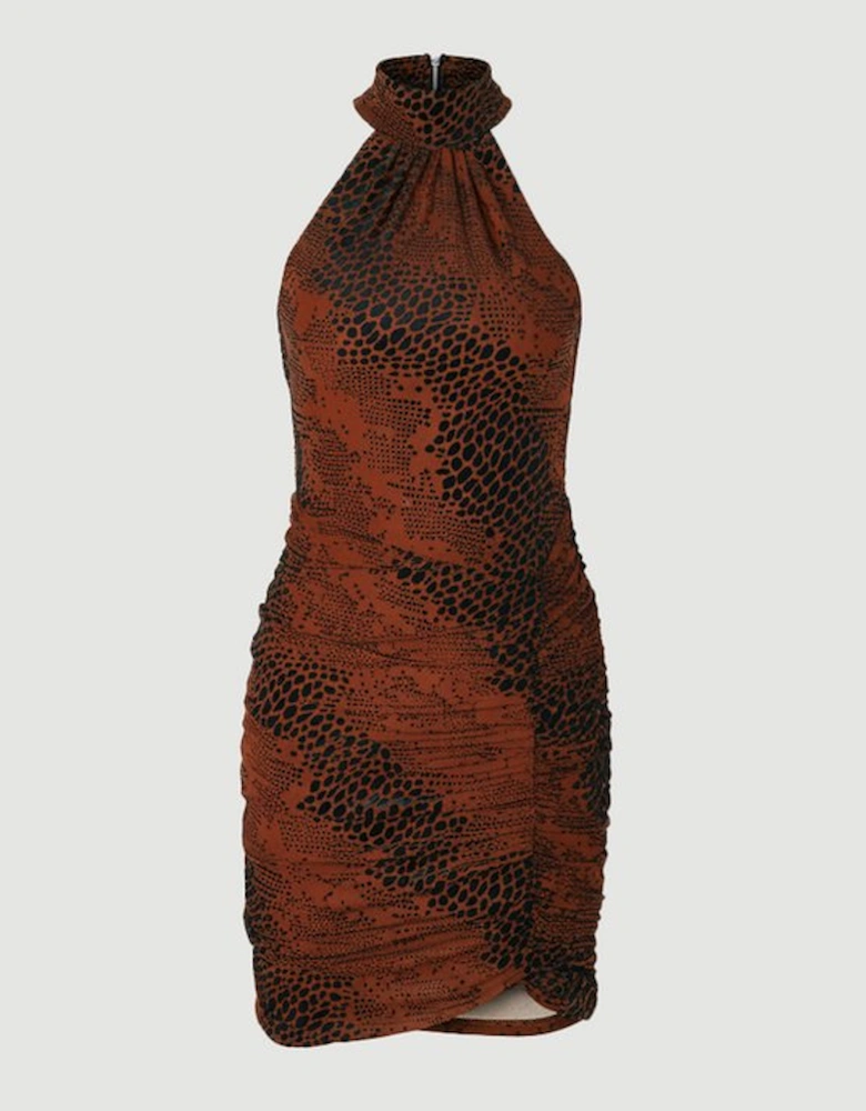 Animal Stretch Velvet Devore Halter Neck Mini Dress