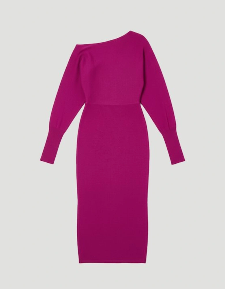 Viscose Blend Knit Asymmetric Neck Midi Dress