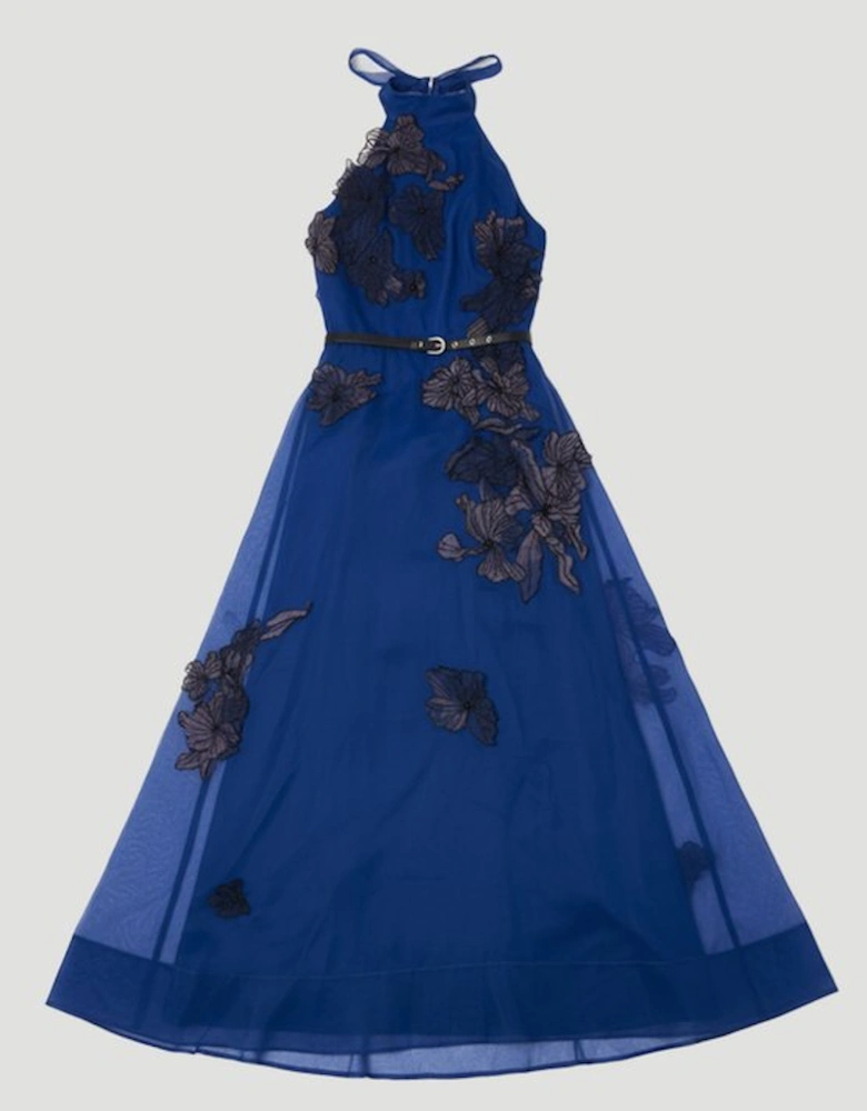 Floral Applique Organdie Woven Halter Neck Maxi Dress