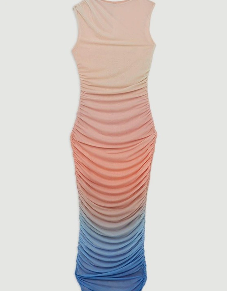 Sunset Ombre Mesh Ruched Jersey Maxi Dress
