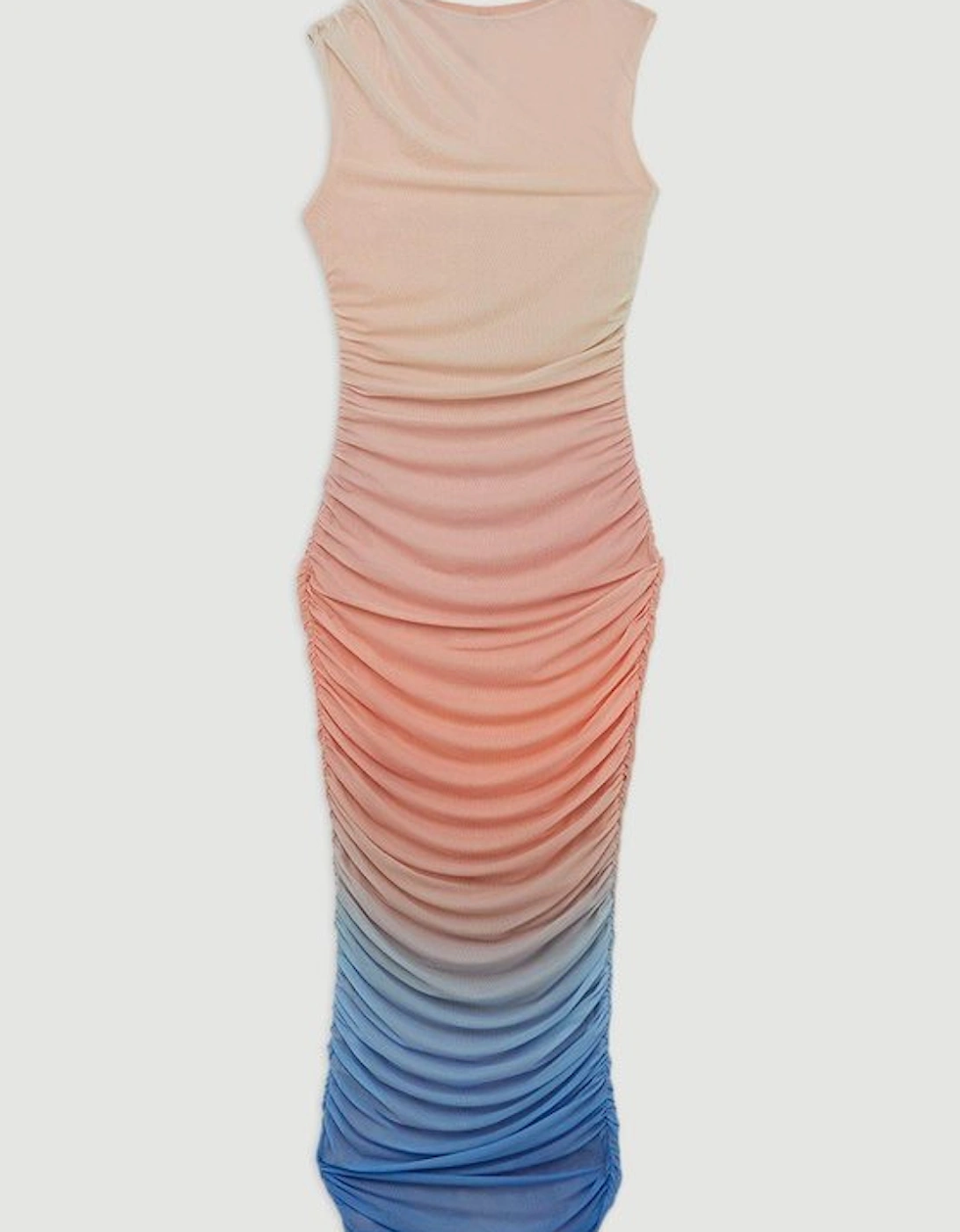 Sunset Ombre Mesh Ruched Jersey Maxi Dress
