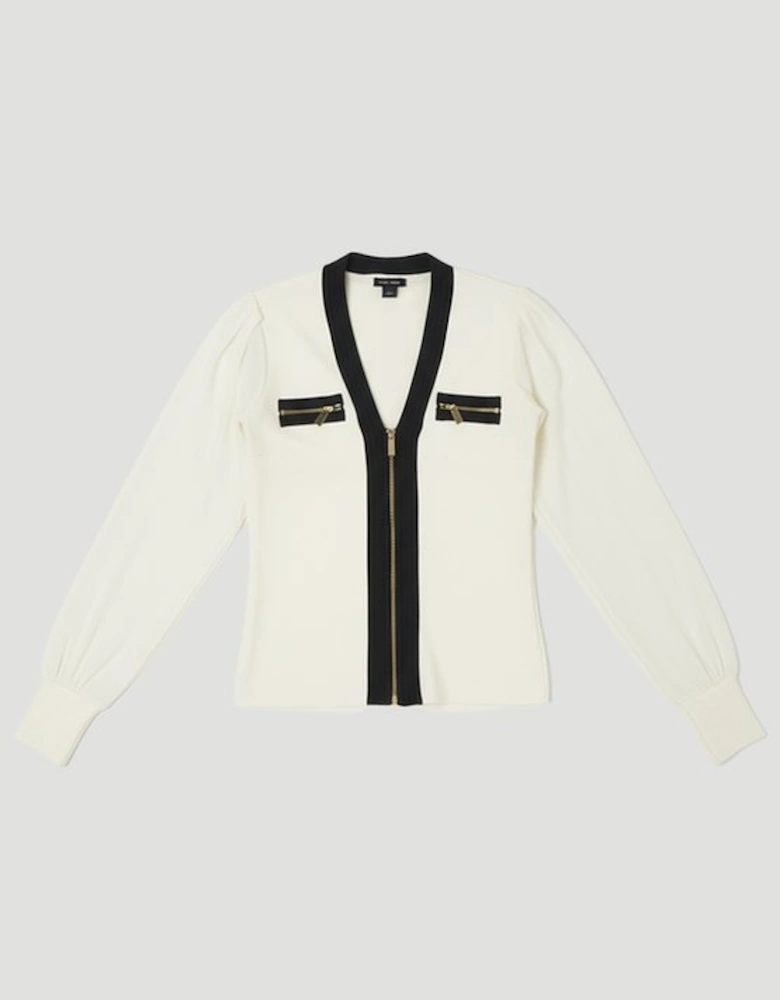 Chiffon Sleeve Zip Through Bandage Knit Top