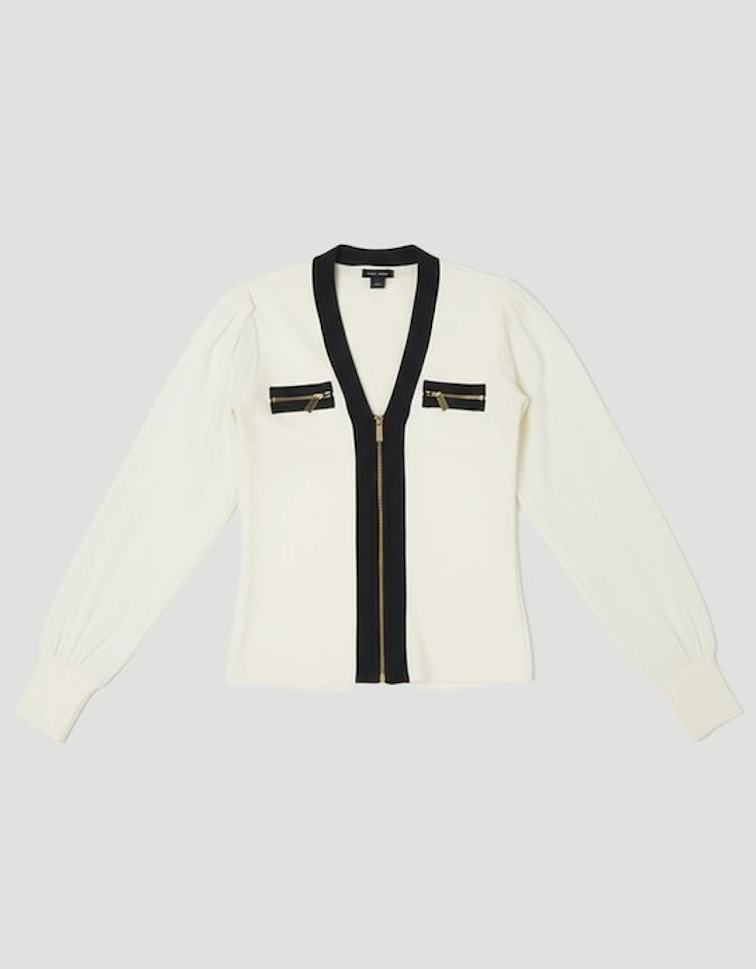 Chiffon Sleeve Zip Through Bandage Knit Top