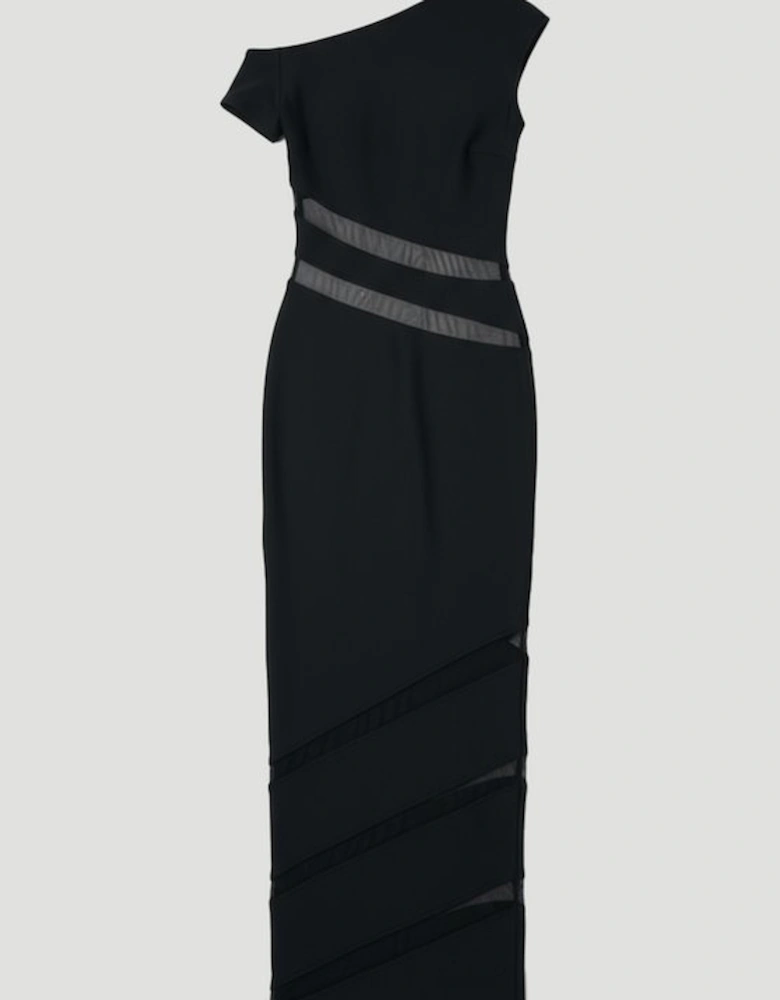 Asymmetric Neck Figure Form Mesh Panel Maxi Dress